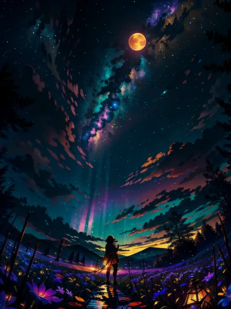 expansive landscape photograph , (a view from below that shows sky above and open field below), a girl standing on flower field looking up, (full moon:1.2), ( shooting stars:0.9), (nebula:1.3), distant mountain, tree BREAK
production art, (warm light sourc...