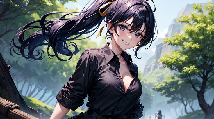 1girl, solo, village, trees, colorful hair, curly hair, ponytail, large breasts, button down shirt, ninja, ((black shirt)), ((unbuttoned shirt)), ((short sleeved shirt)), blue eyes, black shorts, katana, grin, looking at the viewer, ((standing)), hair ribb...