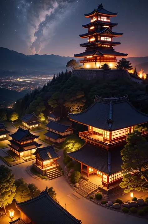 Azuchi Castle and castle town are lit up with torches at night