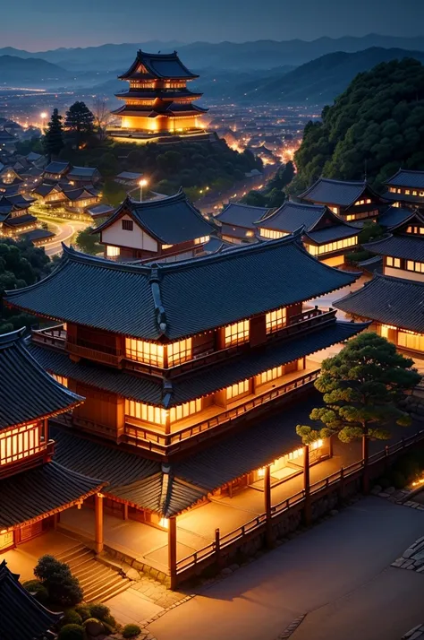 Azuchi Castle and castle town are lit up with torches at night