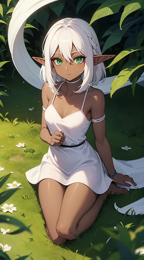 (((Elf Woman))),((Dark Skin)),((Beautiful Body)), ((White short dress)),((white hair)),((green eyes))