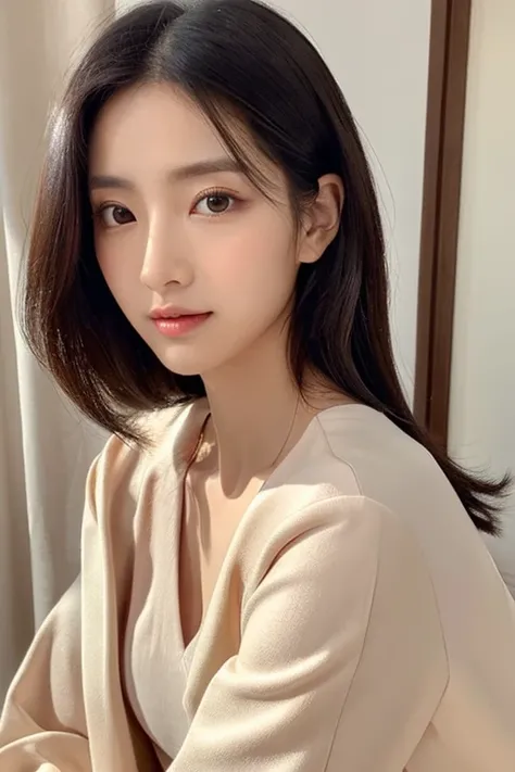 gentle and charming Chinese beautiful woman, Half-length photo, Delicate and sexy collarbone, charming oval face, Double eyelids, Bright peach blossom eyes, Pink lips, small nose, Bare shoulders, Focused face, Face Close-up, The ultra -The high-definition,...