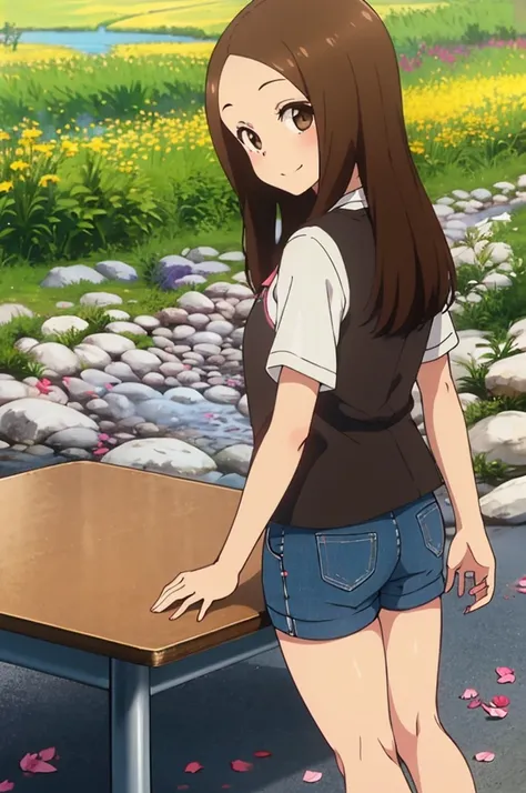 (actual),(realisticlying),Takagi_mulberry, 1 girl in, long whitr hair,((White school shirt)), Brown hair, Partial bangs, Brown eyes,pink vest,Plump,,Light blue jeans shorts,pink vest,black sneaker shoes,forehead,ssmile, looking at viewert,On the table,full...