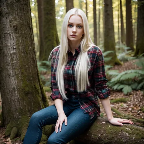 Realistic photograph, portrait, forest background, solo woman, 20 year old woman, Pale blue eyes, Long sleek platinum blonde hair, fair borderline pale skin, toned build with lean defined muscle, black jeans, red and black plaid shirt, sitting against tree