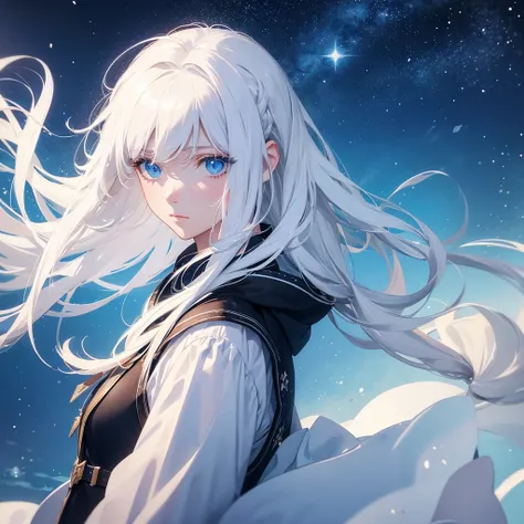 White hair, blue eyes, watercolor painting, sad, beautiful, starry sky, girl, alone