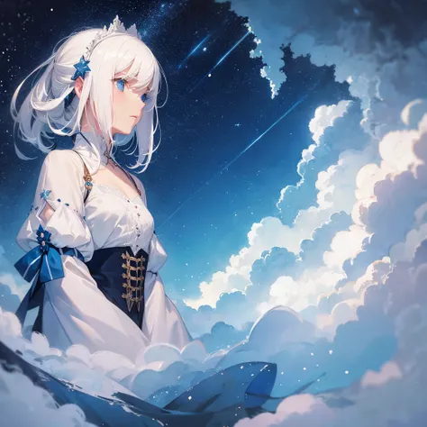 White hair, blue eyes, watercolor painting, sad, beautiful, starry sky, girl, alone