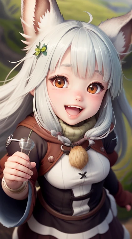 「With a blissful smile of ecstasy、Focus on the upper body、open mouth and look up at the viewer、Highly detailed CG illustration of one girl viewed from above in a dynamic angle。Art style is「made in abyss」Reminds me of Nanachi from、Features sharp focus and t...