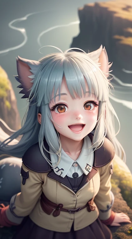 「With a blissful smile of ecstasy、Focus on the upper body、open mouth and look up at the viewer、Highly detailed CG illustration of one girl viewed from above in a dynamic angle。Art style is「made in abyss」Reminds me of Nanachi from、Features sharp focus and t...