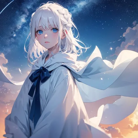 White hair, blue eyes, watercolor painting, sad, beautiful, starry sky, girl, alone, looking up, fleeting, beautiful