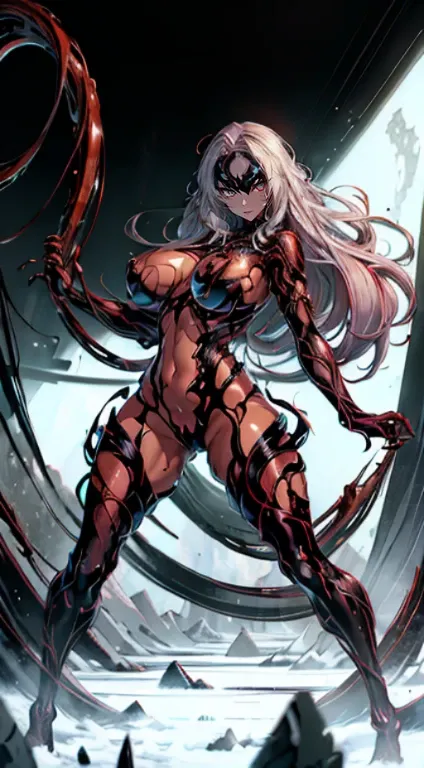 a beautiful  woman，（Fusion with symbiote：1.3），The perfect symbiote，Tall guy，legs long，long and flowing hair，完美的big breasts body，big breasts body，性感的big breasts body，big plump breasts，Plump buttocks，Slender legemale carnage：1.9），（Tentacle wrapping：1.8），（Ful...