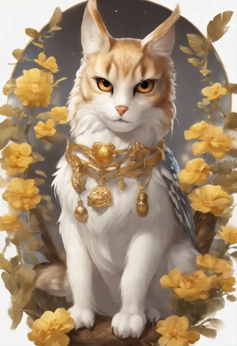 Close-up of an owl+cat,  Color (rusty, yellow, black)  owl babies+cat, owlets+catята, fluffy clouds, casimir art, illustration of shigenori soejima, boris valejo. Smiling Russian Spaniel, Detailed drawing of an anime character, detailed anime key figure, G...