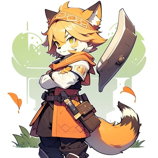 furry fury，Orange fox ears，Orange hair，Orange eye kernel，Wear body armor，Shota，Carrying a blue sword on his back，Take it，Wear body armor，military，Detailed war scenes