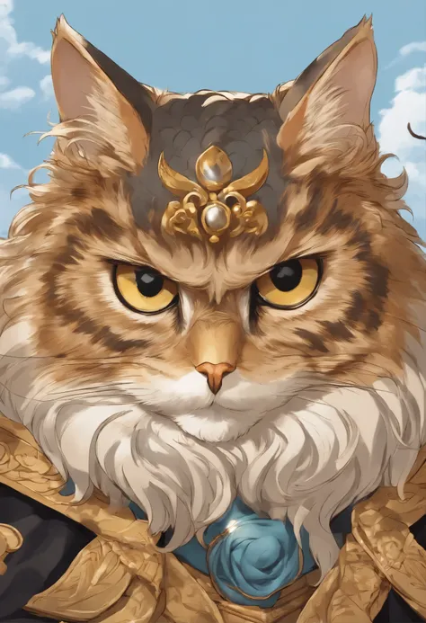 Close-up of an owl+cat,  Color (rusty, yellow, black)  owl babies+cat, owlets+cats, fluffy clouds, casimir art, illustration of shigenori soejima, boris valejo. Smiling Russian Spaniel, Detailed drawing of an anime character, detailed anime key figure, Gra...