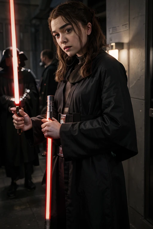 Maisie Williams, she is a Sith, dressed in black robes, holding a red lightsaber.