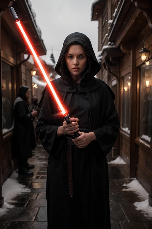 she is a Sith, dressed in black robes, holding a red lightsaber, in Winterfell.