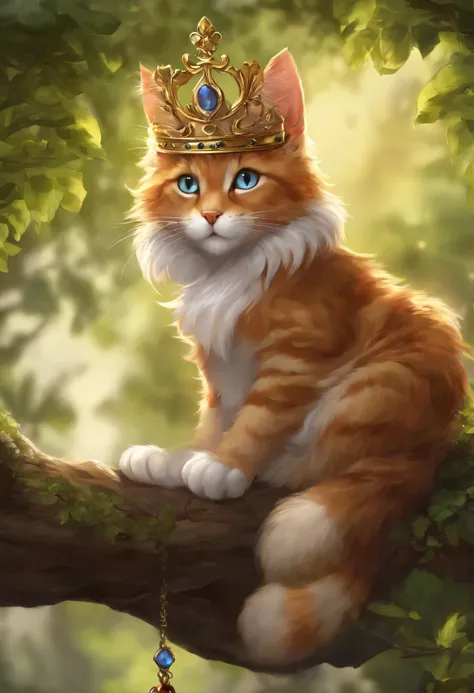 a cat with a crown on his head sits on a tree branch, full art, furry fantasy art, detailed key anime art, 4k detailed digital art, detailed painting 4 k, anthro cat, cute detailed digital art, high detail official illustrations, detailed digital anime art...