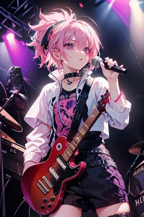 a pink haired handsome male rocker with violet eyes is playing guitar on the stage