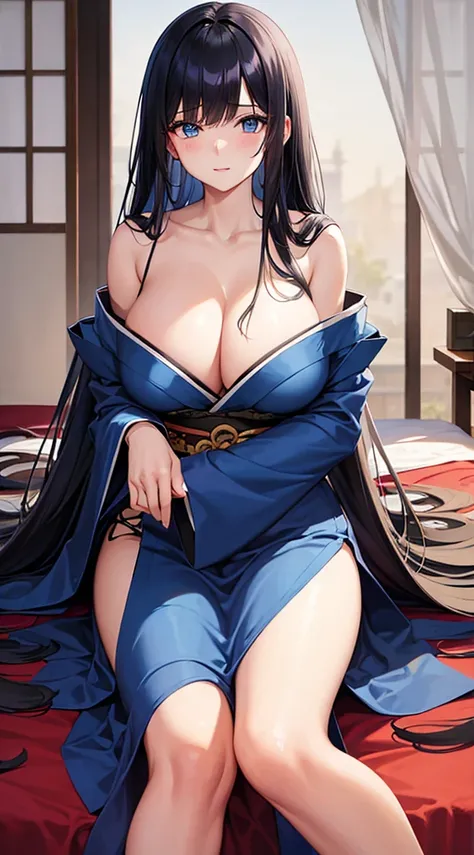 A dark-haired、Long hair that goes down to the waist、Blue eyes、Blue kimono、Beautiful woman with big breasts、A slightly shy face、Being pushed down by the bed、