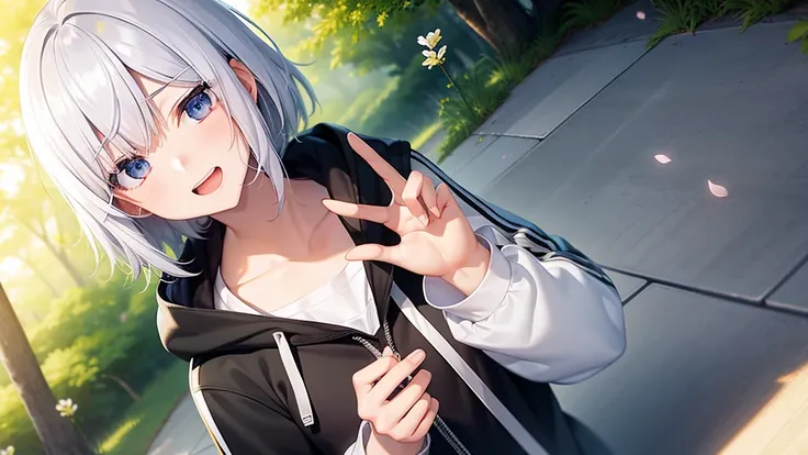 (masutepiece: 1.2, Best Quality), 1 Lady, Solo, silber hair, , Open the collarbone,Very short hair, long bangs between eyes, blue eyess,Black eyes, Hoodie,White hair, Silver hair, Hoodie, White hoodie、Bright smile、open open mouth、Five fingers spring in the...