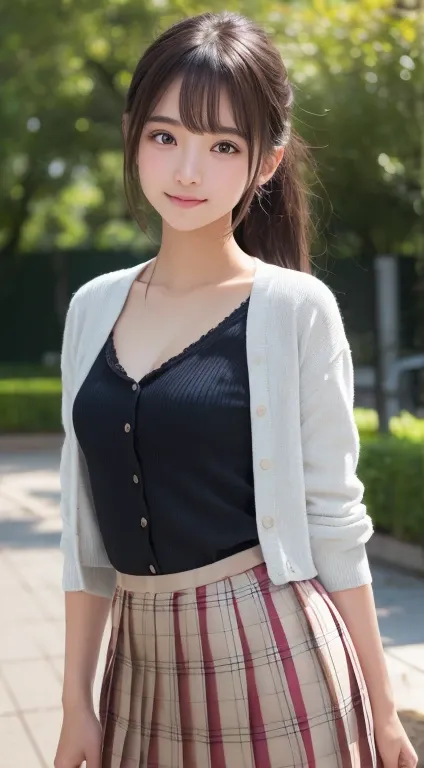 Smile、natta、Raw photography、(((Ultimate Beauty Portrait)))、((glistning skin))、女の子1人、15 year old beautiful girl in Prague、bright expression、((brown haired))、(cleavage of the breast)、(Plaid pleated skirt:1.5)、((Big eyes that shine like jewels))、open cardigan...