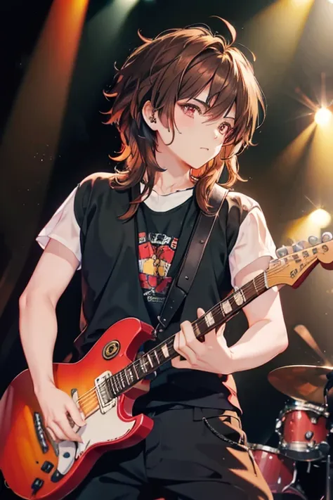 a brown haired handsome male rocker with ruby eyes is playing guitar on the stage