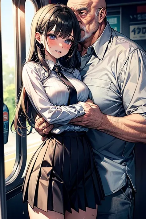 crowded train, girl, fat bald man hugs her from the front and lifts her legs with his face close to his lips, black sexy lingerie,, pubic hair visible, 40k, photo, masterpiece, best quality, dark gray background, (with the immediately open legs of one girl...