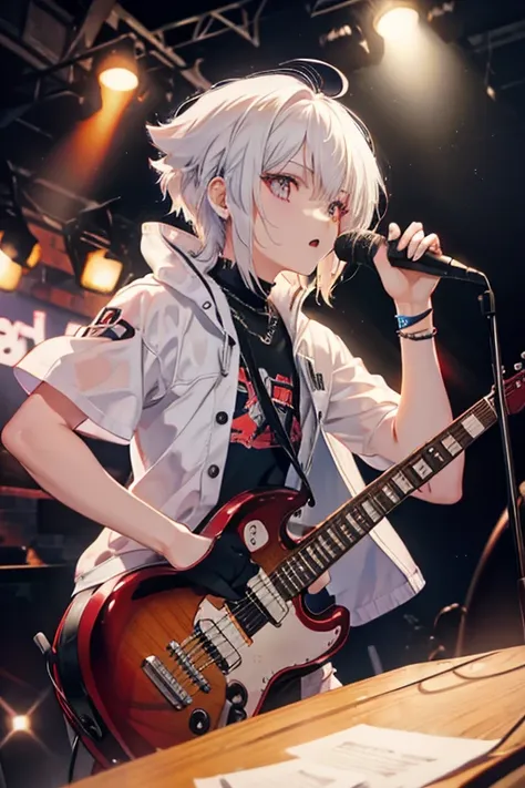 a white haired male rocker with ruby eyes  is playing guitar on the stage