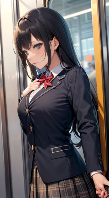 grasp, 
High school girl grabbed by the buttocks on the train, 
School uniform, Pleated skirt, 
Beautiful One Girl, 
3 Male, 
(電車内で女の子のお尻をgrasp痴漢,
Man grabbing girls chest on train,