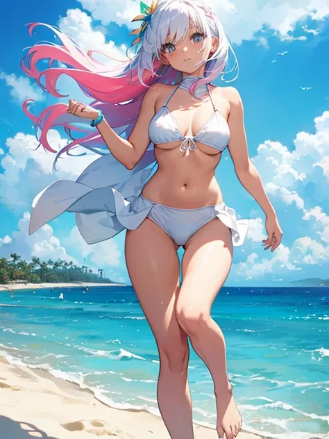 make a girl in a white bikini and colorful hair on the beach and she has to have her legs open