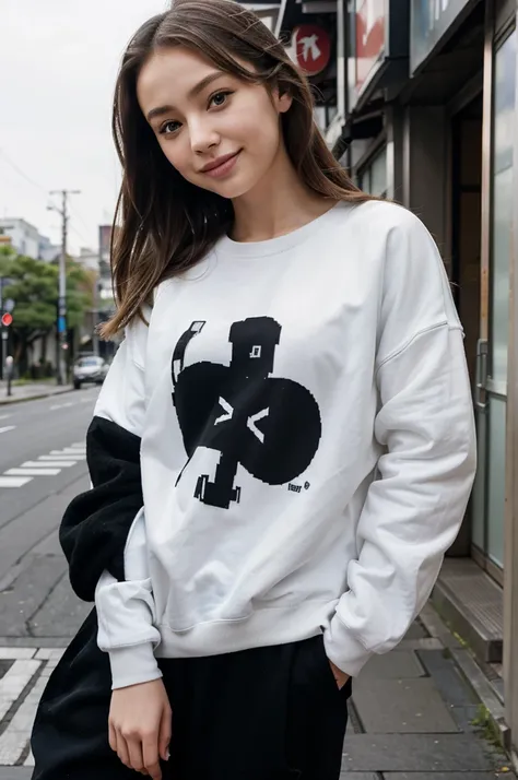 Portrait Sophie Mudd,in japan,in tokyo, on the town center,a lot of poeple around, perfect smile, large sweat shirt black, black pant,