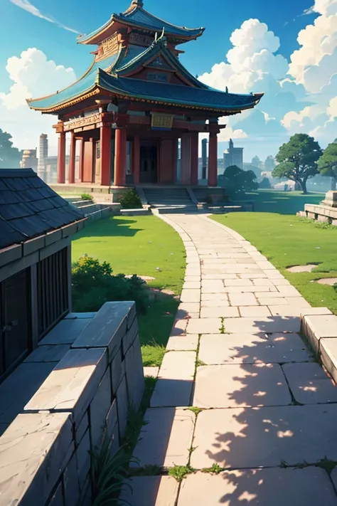 View of buildings and path leading to them with sky as background, a temple background, Mysterious temple setting, background depicting a temple, anime scene, Opening scene, Screenshot of the 2012 animation, beautiful anime scenes, Anime beautiful peaceful...