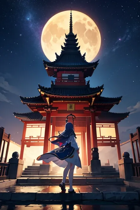 Night view of crescent-shaped buildings and paths, Anime beautiful peaceful scene, 《Kola Legend》poser, beautiful anime scenes, anime backgrounds, a temple background, anime scene, anime backgrounds艺术, Mysterious temple setting, Starry sky environment in mo...