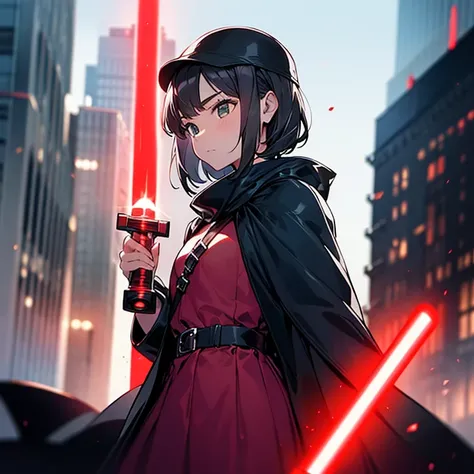 Maisie Williams, she is a Sith, dressed in a black cape and holding a red lightsaber in her right hand.