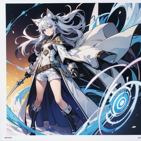 silber hair，long whitr hair，blue color eyes，Cat ears，a cat tail，White coat，grey shorts，White gloves，Magic Middle Ages，teens girl