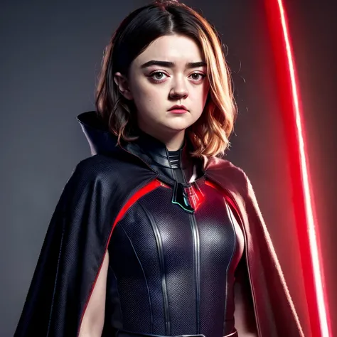 Maisie Williams, she is a Sith, dressed in a black cape and holding a red lightsaber in her right hand.