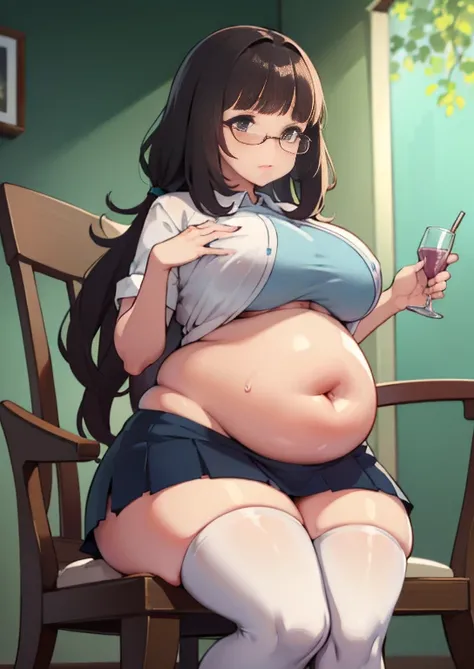 (masterpiece, best quality), 1girls, big belly, blurry background, huge belly, art by kipteitei, round belly, chubby, curvy, white button-up shirt, skirt, thighhighs, simple_background, gradient_background, belly bursting out of shirt, belly grab, enormous...