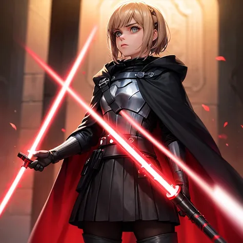 Maisie Williams, she is a Sith, dressed in a black cape, black armor and holding a red lightsaber in her right hand.