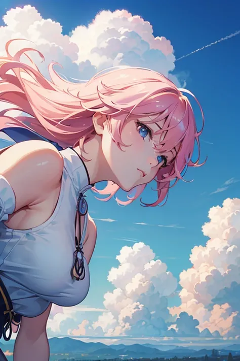 (best quality,4k,8k,highres,masterpiece:1.2),ultra-detailed,(realistic,photorealistic,photo-realistic:1.37),a plane flying through the clouds,(anime clouds),(anime sky),(anime background),beautiful fluffy clouds,Japanese cartoon,puffy pink anime clouds,col...