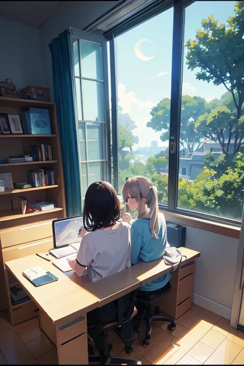 Animation scene of two people sitting on the windowsill looking at the moon, beautiful anime scenes, anime scene, Today’s recommended anime is still, Anime beautiful peaceful scene, screenshot from the anime film, daytime ethereal anime, Screenshot of the ...