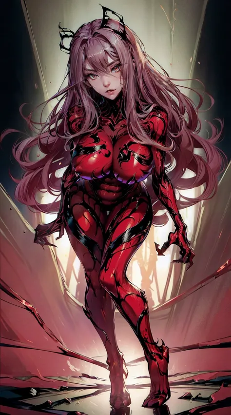 a beautiful  woman，（Fusion with symbiote：1.8），The perfect symbiote，Tall guy，legs long，long and flowing hair，完美的big breasts body，big breasts body，性感的big breasts body，big plump breasts，Plump buttocks，Slender legemale carnage：1.9），（Red full-body tights：2.0），H...