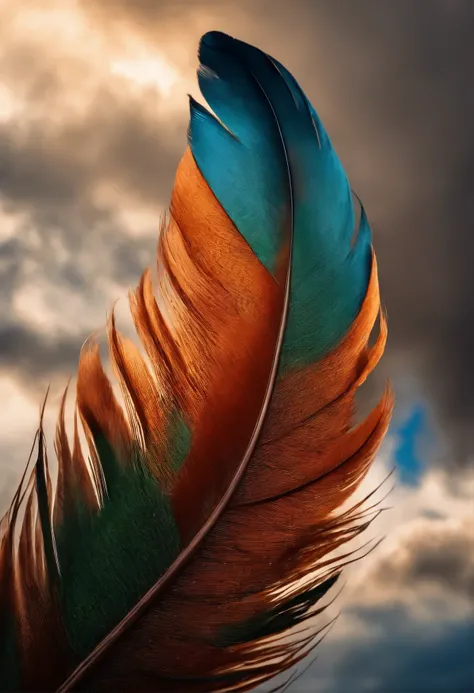 Feathers are falling from the sky, feather detail 8k, feathers fly in the clouds,