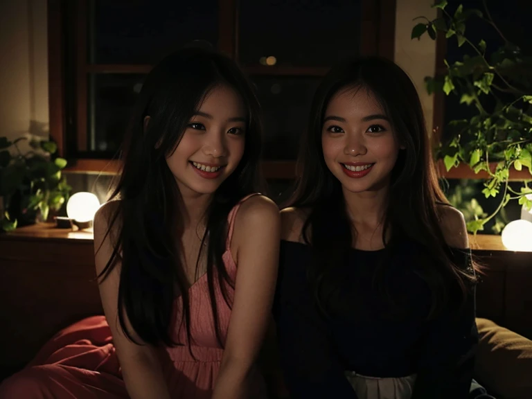 there are two girls that are sitting together smiling for the camera, with her long, roomies, scandy and arender, non blurry, not blurry, with ivy, picture, with long, desaturated!!, with wart, tumblr, with godray, happy friend, with clothese, night!, blur...