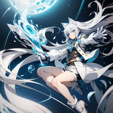 silber hair，long whitr hair，blue color eyes，Cat ears，a cat tail，White coat，grey shorts，White gloves，Magic Middle Ages，teens girl