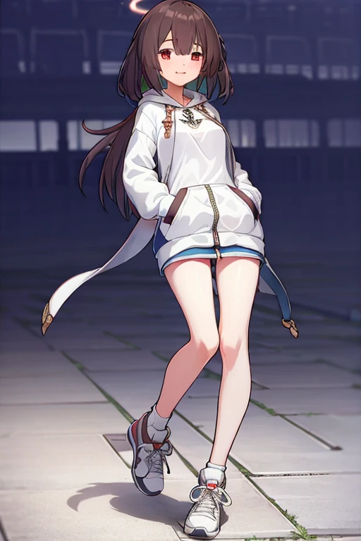 masterpiece, best quality, 1girl, solo, full body, standing, hand in pocket, socks, bangs, halo, shoes, white hoodie, hood, hood...