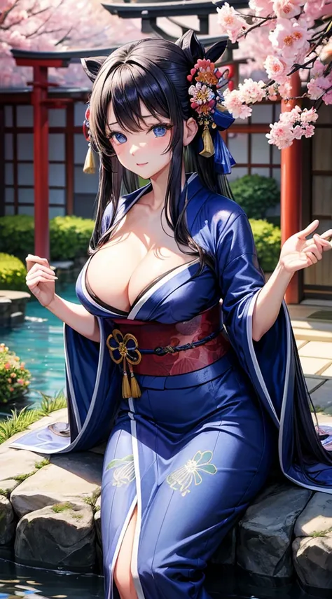 A dark-haired、Long hair that goes down to the waist、Blue eyes、Blue kimono、Beautiful woman with big breasts、Japan garden in the background、The kimono is a little transparent、A slightly shy face、