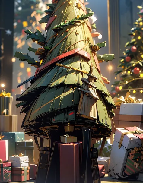 (best quality, ultra-detailed, photorealistic:1.37), (Christmas tree armed with weapons:1.5), explosive and fireworks, colorful and vibrant, sparkling lights, glossy decorations, stylistic and dynamic, ticker, vivid colors, shimmering bokeh