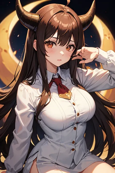 Anime girl with brown long hair and bangs, with demon horns