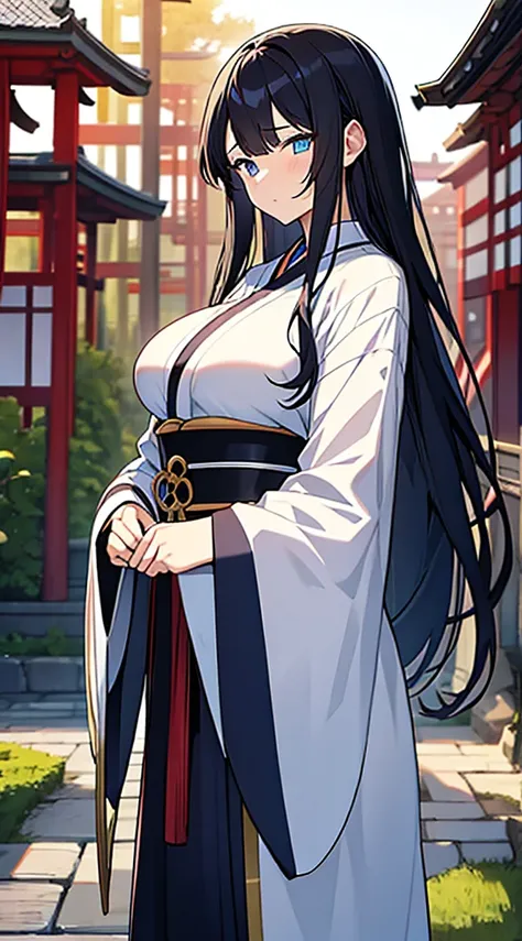 A dark-haired、Long hair that goes down to the waist、Blue eyes、Japan priestess uniform、Beautiful woman with big breasts、Japan garden in the background、The kimono is a little transparent、A slightly shy face、