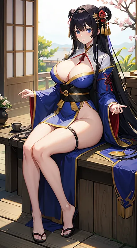 A dark-haired、Long hair that goes down to the waist、Blue eyes、Japan priestess uniform、Beautiful woman with big breasts、Japan garden in the background、The kimono is a little transparent、A slightly shy face、