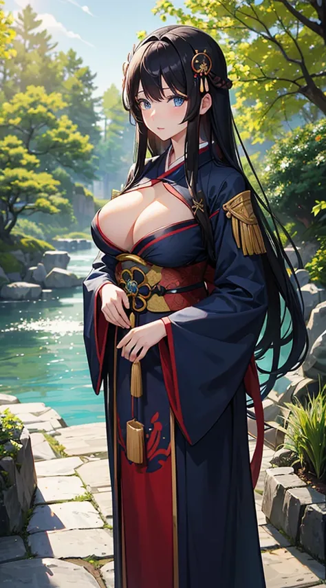 A dark-haired、Long hair that goes down to the waist、Blue eyes、Japan priestess uniform、Beautiful woman with big breasts、Japan garden in the background、The kimono is a little transparent、A slightly shy face、